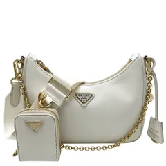 【早い者勝ち】ICチップ搭載 美品 PRADA プラダ Re-Edition 2005 リエディション チェーン ショルダーバッグ 肩掛け 斜めがけ ポーチ 三角プレート ロゴ RFID ゴールド金具 サフィアーノ レザー ホワイト レディース ユニセックス