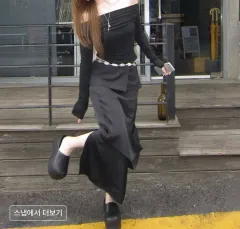 フレアアップ ドレープ レイヤード マキシ ロング丈スカート ブラック 2WAY フリル アシンメトリー スリット The Black Skirts ミディ