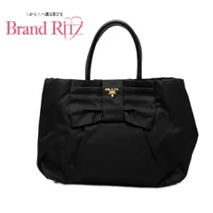中古 プラダ テスート リボン ロゴ ハンドバッグ トートバッグ ブラック ナイロン レザー レディース PRADA  【送料無料】【名谷店】