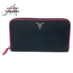 美品 PRADA プラダ テスート ブラック ピンク シルバー金具 ナイロン 長財布 ラウンドジップ レディース 504906【中古】