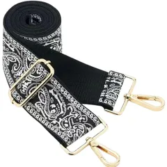 [HSE金丸商店] ショルダーストラップ 刺繍 幅広 花柄 ボヘミアン チェック レオパード (ボヘミアン ブラック＆ホワイト, 幅5cm) [幅5cm] [ボヘミアン ブラック＆ホワイト]