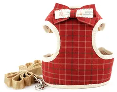 犬用 ハーネス 小型犬 おしゃれ かわいい チェック柄 ハーネス リードセット 夏 犬服 可愛い 蝶結び 通気性 メッシュ ベストハーネス ペット 犬 猫用 胴輪 調節可能 簡単着脱 子犬 引っ張り防止 お散歩 レッド S