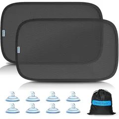 PEMOTech【2025年新設計｜静電気式＆取り外し可能な吸盤8個】車用サンシェード 日除け ピタッとくっつく 2枚組サンシェード 車 UV99.95%遮断 運転席 助手席 後部座席 遮光断熱 車内の温度を下げる 赤ちゃん/ペットを守る 折りたたみ式 取 0