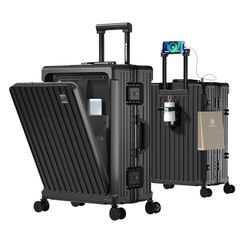 [Redamancy] スーツケース 【CA監修×日本企画】 機内持ち込み 多機能 フロントオープン キャリーケース ストッパー付き 携帯スタンド USBポート付き カップホルダー付き 隠しフック機能 超軽量 耐衝撃 静音 360度回転 ダブルキャスター  1