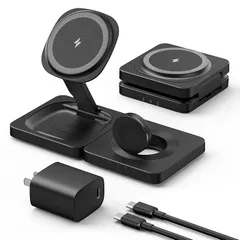 ADADPU 3 in 1ワイヤレス充電器 折りたたみ式 MagSafe充電器 15W/10W/7.5W 急速充電スタンド iPhone/AirPods/Apple Watch同時充電対応 マルチ充電器 20W PD3.0アダプター付属 旅行・出張・オフィ 0