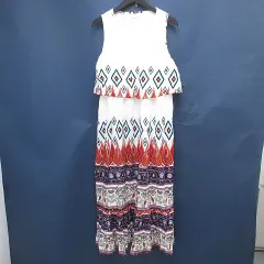 Kanasan OKINAWA ノースリーブ 膝丈 フレアワンピース ワンピース 白系 ホワイト 裏地 総柄