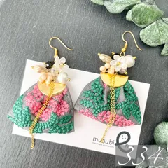 【334】ハンドメイドピアス イヤリング インド刺繍リボン コットンパール 揺れる レース アンティーク調 グリーン ピンク