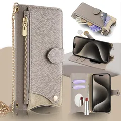 QANKISIS forあいふおん16ケース 手帳型 鏡/ミラー付き 高級PUレザー マグネット式 スタンド機能 ストラップ付き 財布型 ショルダー 肩掛け 斜めがけ カバー 小銭入れ おしゃれ 横置 耐衝撃 全面保護 ポケットーグレー 0