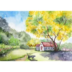 （原画）ミモザの咲く家【SMサイズ／水彩画／#3102】