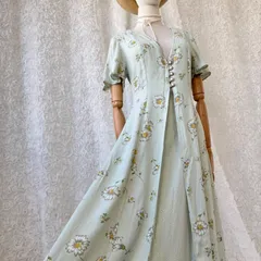 USA製 Betsy Lauren デイジー柄 ロングワンピース 花柄 ミントグリーン 半袖 フロントボタン バックレースアップ ヴィンテージ クラシカル レディース 古着