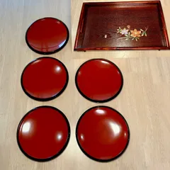 生駒漆芸工房 生駒塗り 銘々皿 菓子皿  5枚 & 木製漆器 金具付長手盆 夢鉄仙 お盆