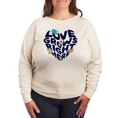 アニメキャラクター レディース トップス Tシャツ プラスサイズ パイル グラフィック Licensed Character Plusize Love Grows Right Here French Terry Long Sleeve Graphic Tee