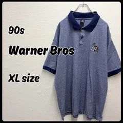 90s Warner Bros トップス ポロシャツ XLサイズ ブルー ボーダー 古着 ヴィンテージ ワーナーブラザーズのサムネイル