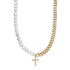 リンクス レディース アクセサリー ネックレス・チョーカー・ペンダントトップ Tシャツ レース Mens LYNX Stainlessteel Freshwater Cultured Pearl Cubic Zirconia Cross Pendant Nec