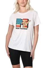 アニメキャラクター レディース トップス Tシャツ ロゴ グラフィック Licensed Character Juniors MTV Americana Logo Loose Fit Graphic Tee White ホワイト