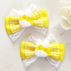 ヘアクリップリボン 黄色 イエロー ギンガムチェック 量産型 ふわふわ うさぎ 地雷 ロリィタ ロリータ ゴスロリ アイドル サブカル 天使界隈 推し 姫系 イベント ヘアメ