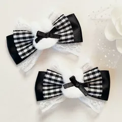 ヘアクリップリボン 黒 ブラック ギンガムチェック 量産型 ふわふわ うさぎ地雷 ロリィタ ロリータ ゴスロリ アイドル サブカル 天使界隈 推し 姫系 イベント ヘアメ