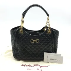 良品 Ferragamo フェラガモ キルティング レザー ゴールド金具 チェーン トート ハンド バッグ レディース ブラック 鞄 かばん a12120