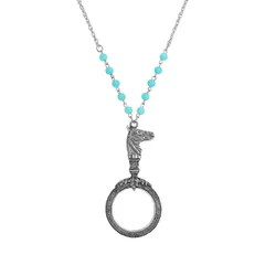 1928 レディース アクセサリー ネックレス・チョーカー・ペンダントトップ レース 1928 Silver Tone Horse Magnifyinglass Light Blue Beads Necklace Gray グレー