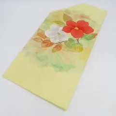 名古屋帯 クリームイエロー色ｘ赤色 花文様 お太鼓柄 正絹 仕付け糸付き カジュアル 着物帯