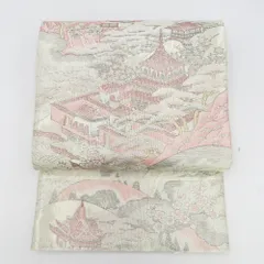 袋帯 西陣織 銀糸 銀色ｘピンク色 寺院風景文様 六通柄 未仕立て 正絹 証紙付き カジュアル 着物帯 長さ424cm