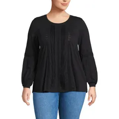 ランズエンド レディース トップス Tシャツ プラスサイズ レース Plusize Lands End Long Sleeve Lace Mix Pintuck Top Black ブラック