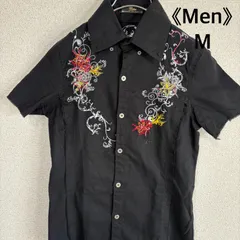 刺繍シャツ 半袖 ブラック フラワー刺繍 リネン混デザインシャツ