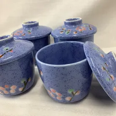 茶碗蒸し椀　４客セット　梅柄　青色　蓋付き和食器　U049