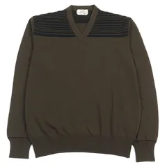 美品○HERMES エルメス ウール100% Vネック バイカラー ショルダーボーダー柄 ニット セーター カーキグリーン系 XL イタリア製 正規品 メンズ