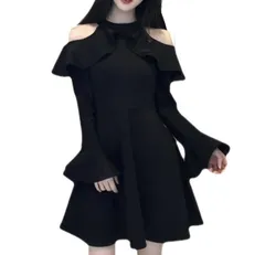 [ALL DAY Shining] ワンピース 肩出し 長袖 ブラック シンプル ミニ丈 オープンショルダー パーティー フレア ドレス レディース (JP, アルファベット, XL) [XL]