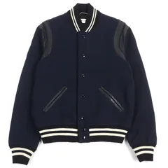極美品○SAINT LAURENT PARIS サンローランパリ 354718 エディ期 レザー切替 スタジャン テディジャケット ネイビー系 44 ハンガー付き イタリア製 メンズのサムネイル
