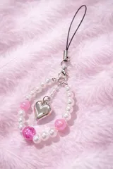 【ストラップ】 ハートパール スマホストラップ ピンク ビーズチャーム 韓国 量産型 推し活 可愛い