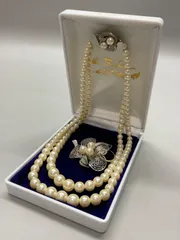 SN1376 パール? 真珠? ネックレス ブローチ セット フォーマル Ali Fashion ケース付 アンティーク ヴィンテージ 首周り約47cm 重量38.9g 粒径6mm 1cm