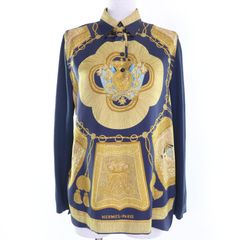 エルメス ニット シャツ 切り替え 異素材 スカーフ柄 シルク カシミヤ