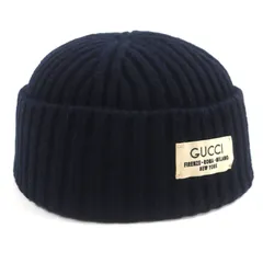 美品▼GUCCI グッチ 759059 ウール75% ロゴワッペン付き 帽子 ケーブルニットキャップ ネイビー M (58cm) イタリア製 正規品 メンズのサムネイル