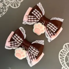 ふわふわ肉球♡ギンガムリボン 茶ピンク　ブラウン　ヘアクリップ  量産型　地雷　ゴスロリ　天使界隈　サブカル　コンカフェ