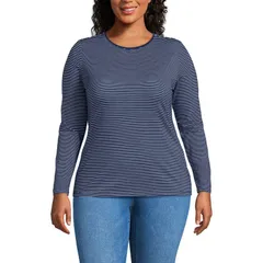 ランズエンド レディース トップス Tシャツ クルーネック プラスサイズ ジャージー Plusize Lands End Long Sleeve Lightweight Jersey Crewneck Top Sea Navy Thin Stripe ネイビー