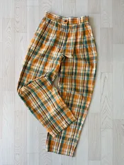オレンジとレイクグリーンのコットンチェック柄パンツ 昭和レトロ