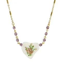 1928 レディース アクセサリー ネックレス・チョーカー・ペンダントトップ フラワー柄 レース フラワー 1928 GoldTone Purple Beaded White Heart With Pink Floral Decal Necklace Purp