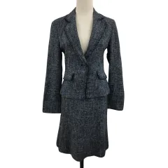 コムサイズム COMME CA ISM セットアップ スーツ ジャケット テーラード ツイード フリンジ スリット ラメ 長袖 M スカート フレア ひざ丈 S 紺 白 ネイビー ホワイト