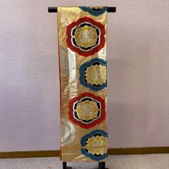 袋帯　着物　帯　六通　金　オレンジ　朱色　華文　リサイクル着物　f-1001