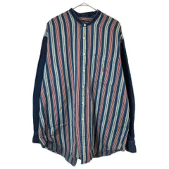90年代 USA製 NAUTICA ノーティカ ノーカラー長袖シャツ ストライプ マルチカラー(メンズ L)中古 古着 X4942