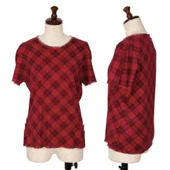 プリーツプリーズPLEATS PLEASE タータンチェックプリーツフリンジカットTシャツ 赤M位