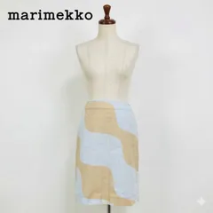 marimekko マリメッコ コットン ウェーブ柄 タイトスカート ひざ丈 サイズ34 リトアニア製 ライトブルー×ベージュ #K027-21のサムネイル