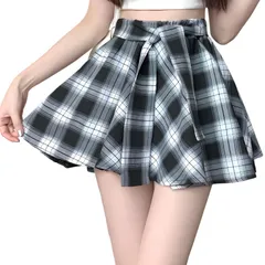 [ブブ オーハナ] チェック 柄 ミニ スカート インナー パンツ 一体型 リボン 付き スカパン レディース 女 性 用 春 夏 秋 冬 服 ウエストゴム Aライン プリーツ 風 ミニスカート (JP, アルファベッ [ホワイト/ブラック] [M] [標準]