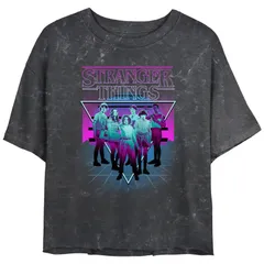 アニメキャラクター レディース トップス Tシャツ クロップド Licensed Character Juniors Stranger Things Group Neon Triangle Mineral Wash Cropped Tee Black ブラック