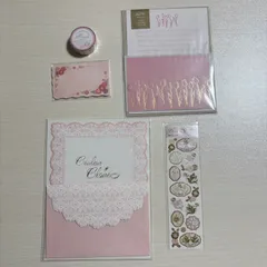 ピンク色 レース柄 花柄 レターセット まとめ売り 手紙セット 5点　レターセット・ミニカード・ステッカー・マスキングテープ