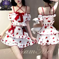 Tバック付きセクシー可愛いいちご苺柄オフショルキャバドレスコスプレ衣装フルセット　可愛いいちご苺柄　ルームウエア　フリルミニスカート　写真撮影　春夏パジャマ　ロリータワンピース　メイド服　ステージ衣装　アイドル　ハロウインコスプレ大人レディース　クリスマス会
