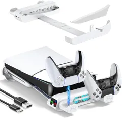 【PS5 Pro/新型 PS5 Slim対応】PS5 横置きスタンド 3段階風速調整冷却 PS5 Silm コントローラー 充電スタンド 放熱改善 転倒防止 地震対策 傷付き防止 プレステ5 プロ/PS5 Slim両対応 PS5 スリム 周辺機器 (白)