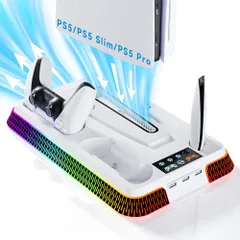 PS5 Pro/PS5/PS5 Slim対応 縦置きスタンド 【新登場 PS5 pro/slim対応】ps5 コントローラー 充電スタンド 多機能冷却ファン充電スタンド 同時充電 充電指示ランプ付 RGBライト PS5 スリム/PS5に対応アクセサリー PS5